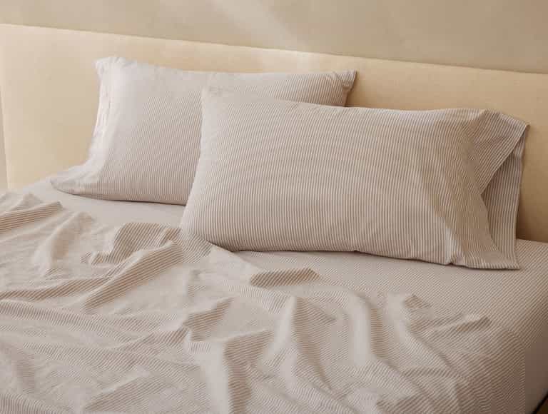 Climate Beneficial™ Cotton Soft Washed Sheets | Alpine White w/Fawn Stripe