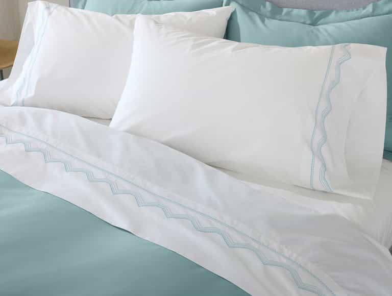 Vista Embroidered Organic Percale Sheet Set - Coyuchi | Alpine White w/Pacific Blue