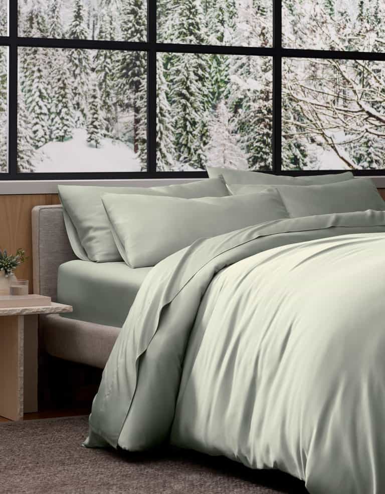 A neatly made bed with a light sage green Bamboo Duvet Cover by Cozy Earth sits by a window overlooking a snowy pine forest, with a small potted plant on the side table.|Color:Laurel