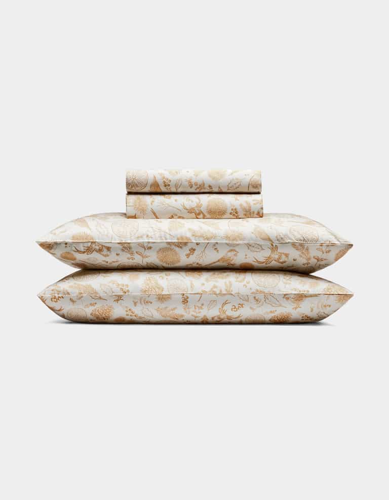 The Cozy Earth Bamboo Sheet Set includes two pillows and folded sheets with an intricate gold floral botanical pattern on a white background.|Color:Winter Toile Dijon