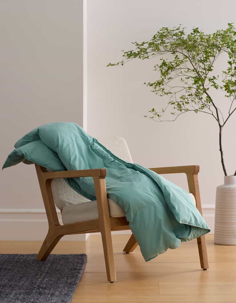 A light wooden armchair with a cream cushion sits on a wood floor, draped with the Cozy Earth Down Alternative Throw in teal. Nearby, a large white vase with green leafy branches stands against a neutral wall.|Color:Pond