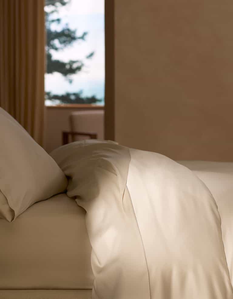 A neatly made bed features the Cozy Earth Bamboo Duvet Cover and matching cream-colored pillowcases, bathed in soft natural light. A window with tree views and a chair near beige walls and curtains complete the serene scene.|Color:Oat