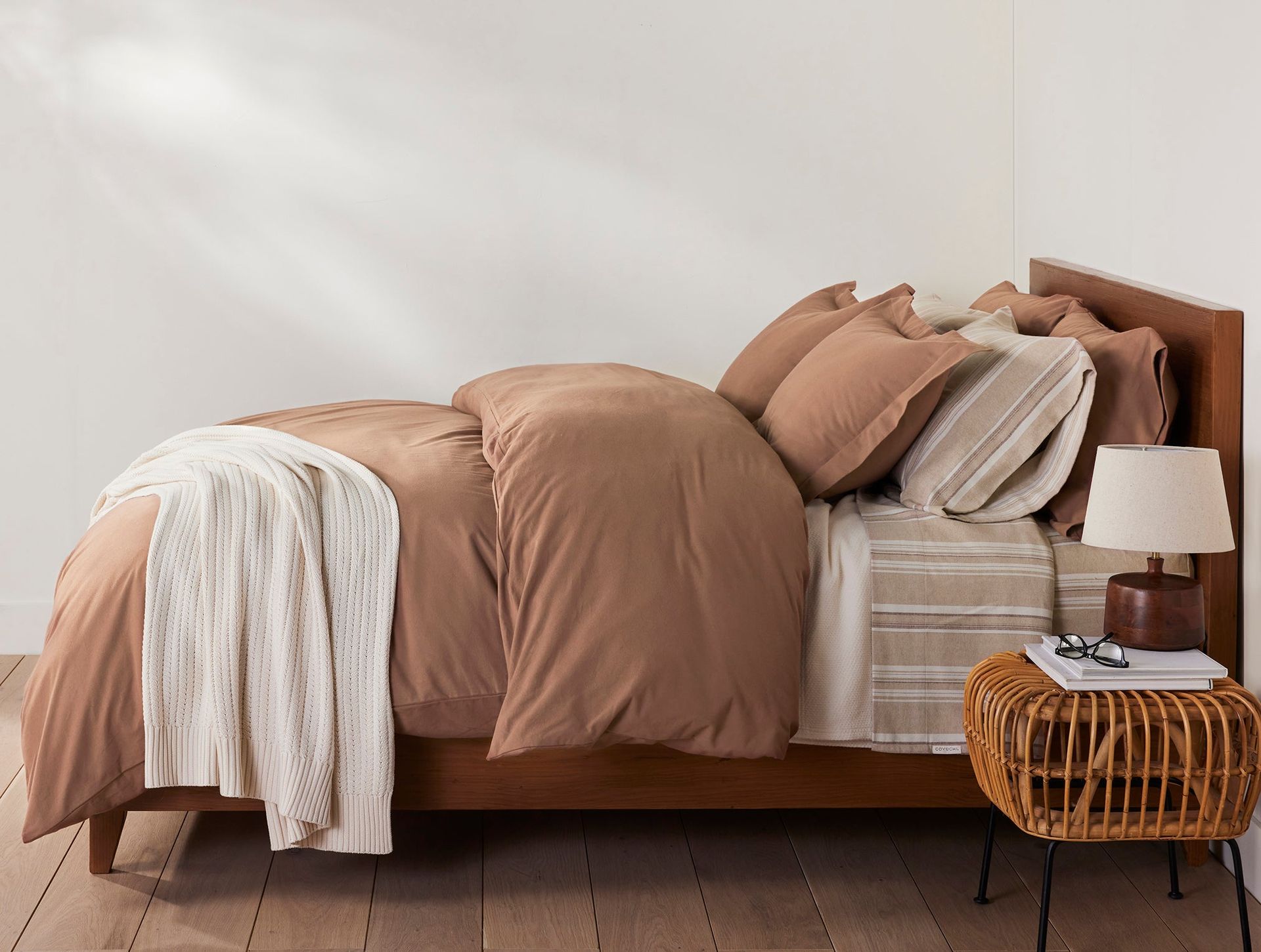 Cloud Brushed™ Organic Flannel Sheet Set | Fawn Herringbone Stripe