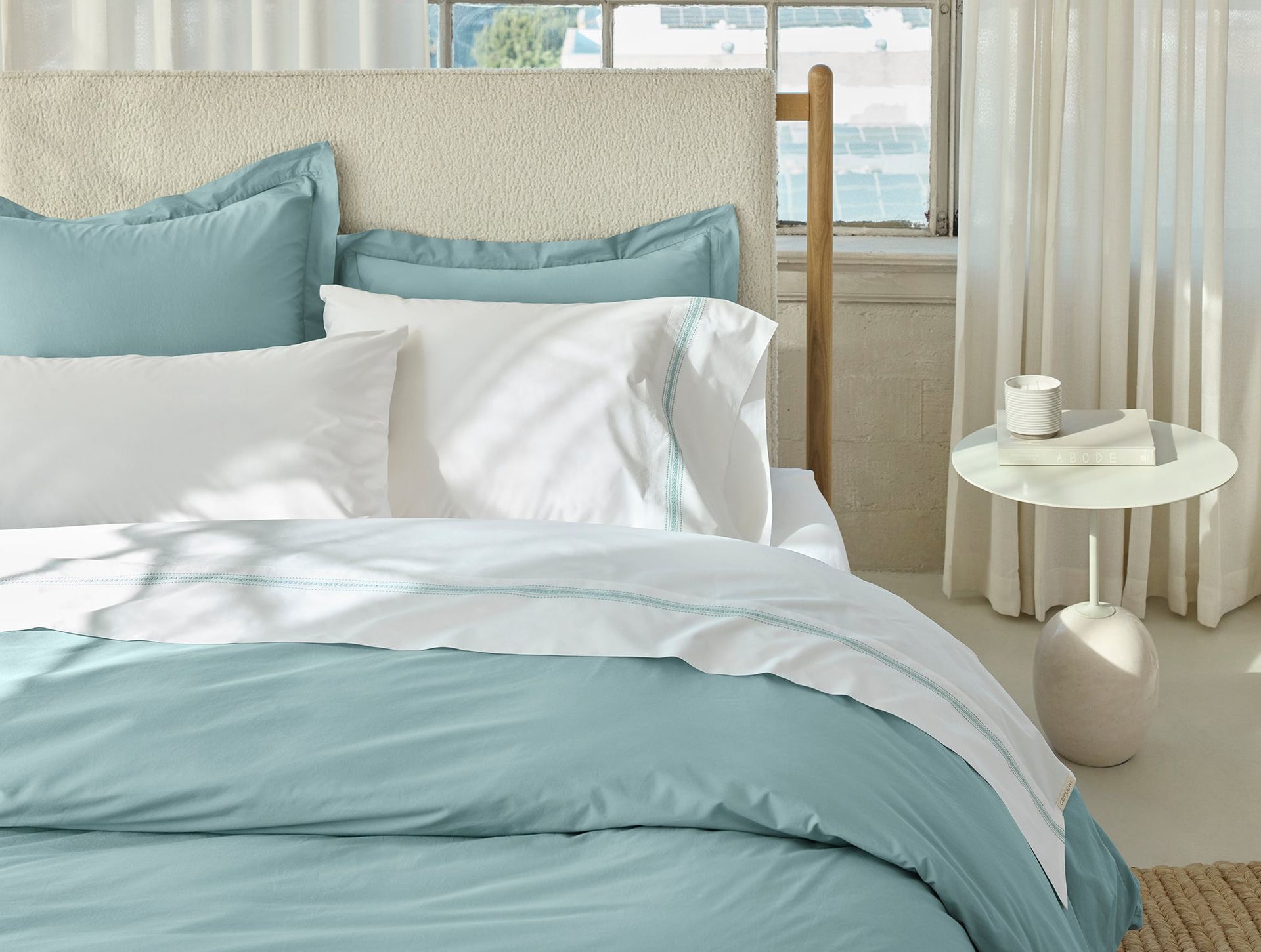 Landscape Embroidered Organic Percale Sheet Set - Coyuchi | Alpine White w/Pacific Blue