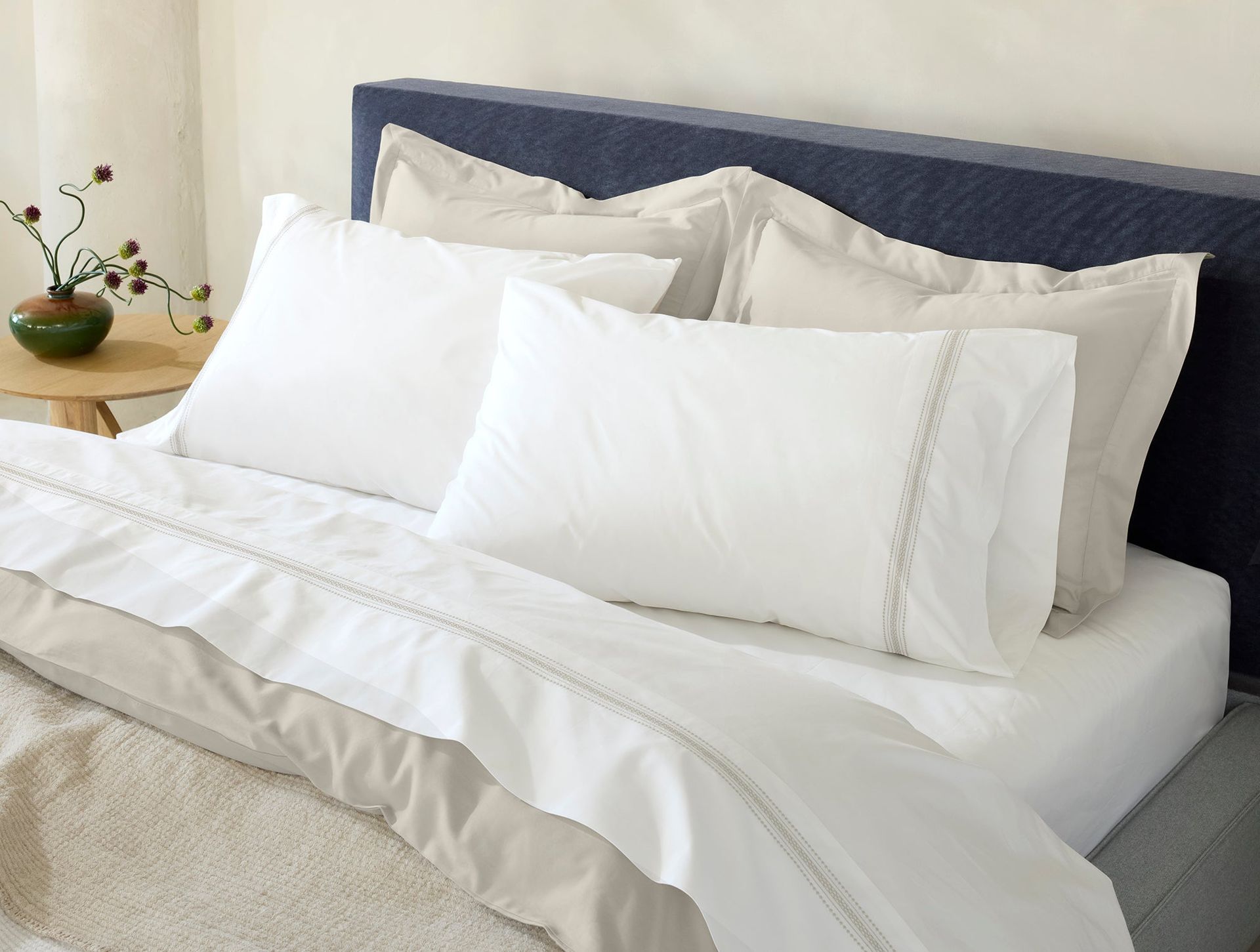 Landscape Embroidered Organic Percale Sheet Set - Coyuchi | Alpine White w/Stone