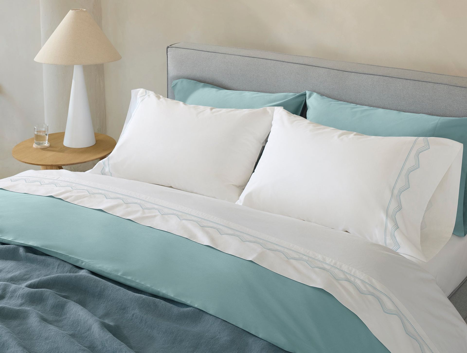 Vista Embroidered Organic Percale Sheet Set - Coyuchi | Alpine White w/Pacific Blue