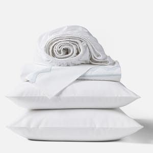 Vista Embroidered Organic Percale Sheet Set - Coyuchi | Alpine White w/Pacific Blue