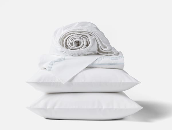 Vista Embroidered Organic Percale Sheet Set - Coyuchi | Alpine White w/Pacific Blue