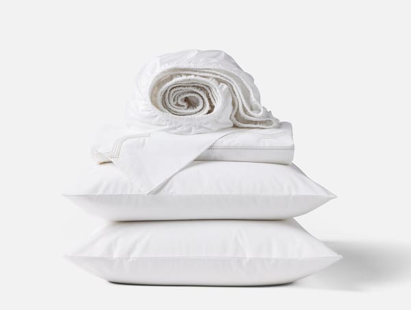 Vista Embroidered Organic Percale Sheet Set - Coyuchi | Alpine White w/Stone