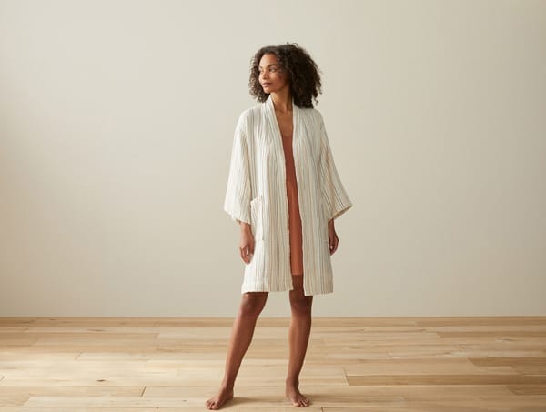 Women's Matelassé Organic Robe | Undyed w/Warm Stripe