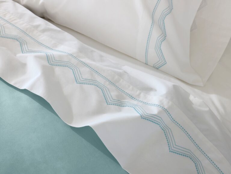 Vista Embroidered Organic Percale Sheet Set - Coyuchi | Alpine White w/Pacific Blue