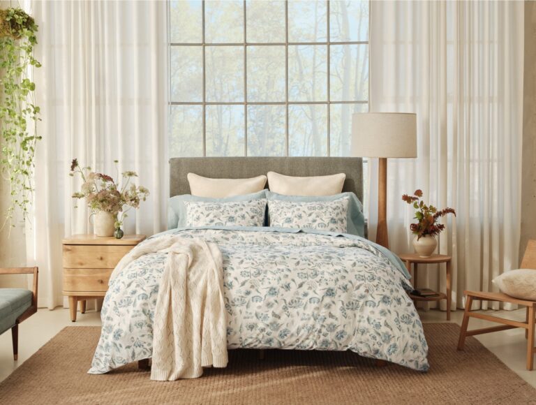 Viola Organic Print Duvet Cover - Coyuchi | Undyed w/Cerulean